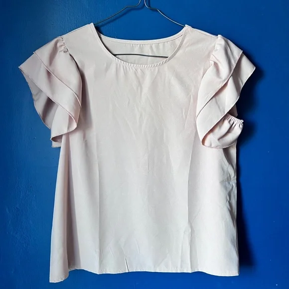 Women’s Blouse Small Pink Flutter Sleeve Minimalist Soft Girl Casual Chic Top - Picture 2 of 6